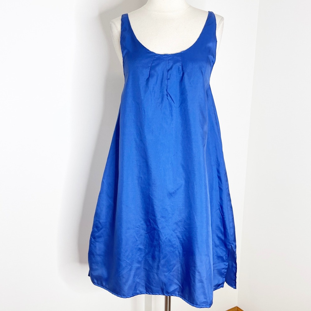Handmade Royal Blue Sleeveless Pleated Scoop Neck Shift Dress XS S